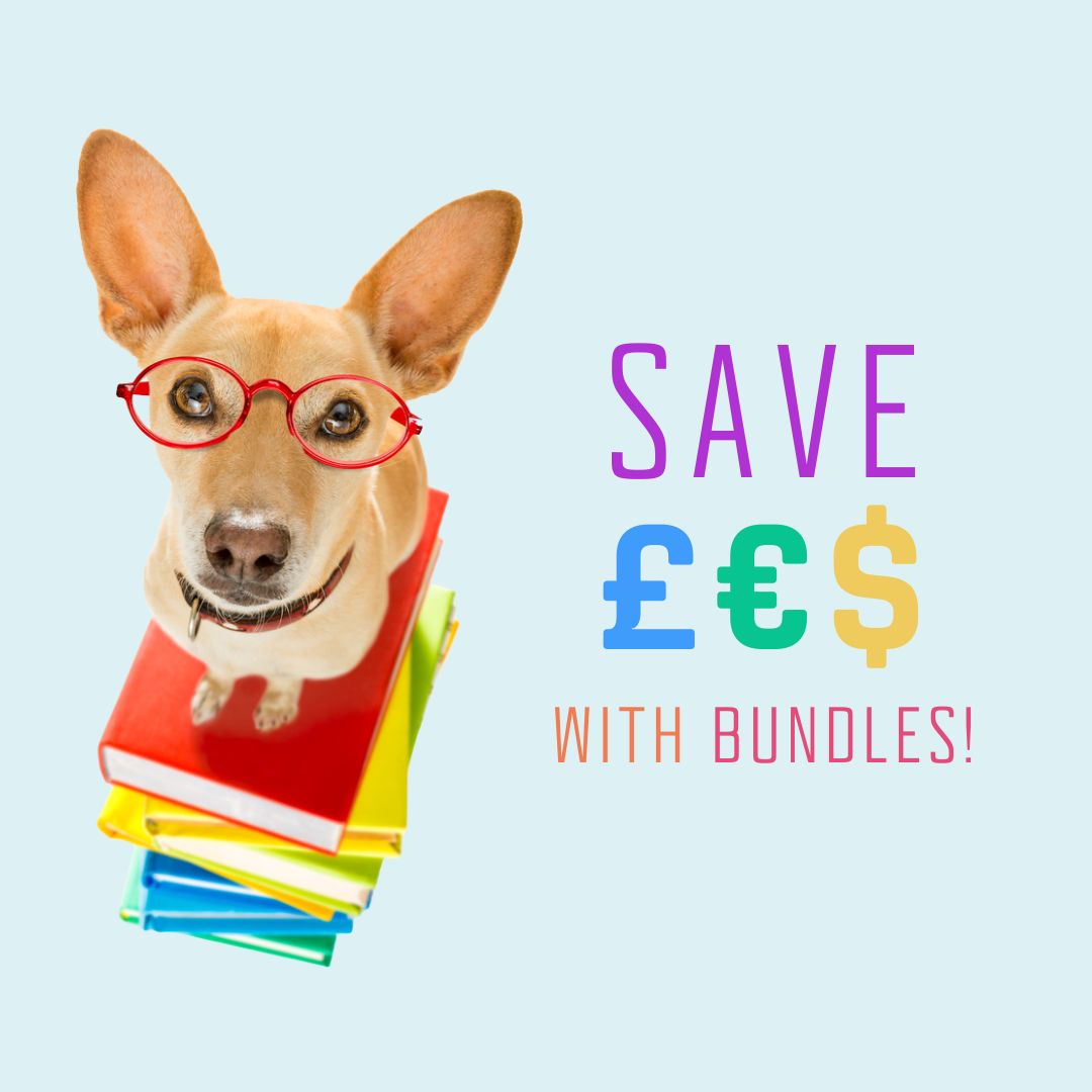 A dog wearing glasses sits atop a stack of books. Text reads 'Save £€$ with bundles'