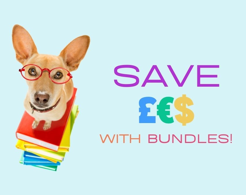Home page images - Bundles A dog wearing glasses sits atop a stack of books. Text reads 'Save £€$ with bundles'