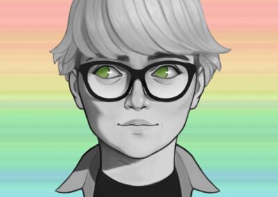 Illustration of a White person with fair hair and glasses. The person's eyes are green but the rest of the illustration is black and white. The background is rainbow stripes.