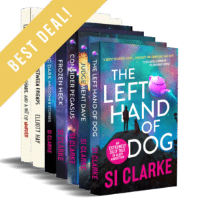 BEST DEAL: The Left Hand of Dog Judgement Dave, Consider Pegasus Frozen Heck A Bit of Murder Between Friends All Tea, No Shade, and a Bit of Murder The four novels of the Starship Teapot series by Si Clarke and the two novels of the Vigilauntie Justice series by Elliott Hay … plus all the shorts Paperbacks