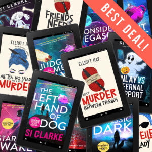 BEST DEAL: The Left Hand of Dog Judgement Dave, Consider Pegasus Frozen Heck A Bit of Murder Between Friends All Tea, No Shade, and a Bit of Murder The four novels of the Starship Teapot series by Si Clarke and the two novels of the Vigilauntie Justice series by Elliott Hay … plus all the shorts ebooks