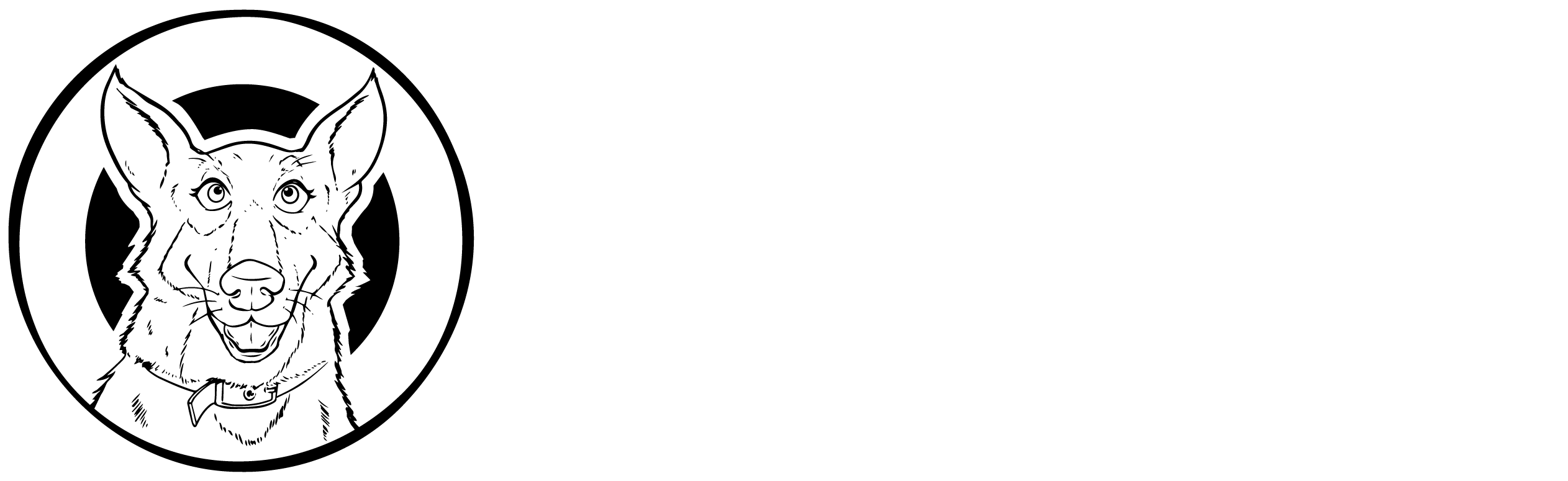 Image of a smiling cartoon German shepherd dog Text reads: White Hart Fiction – cosy(ish) stories