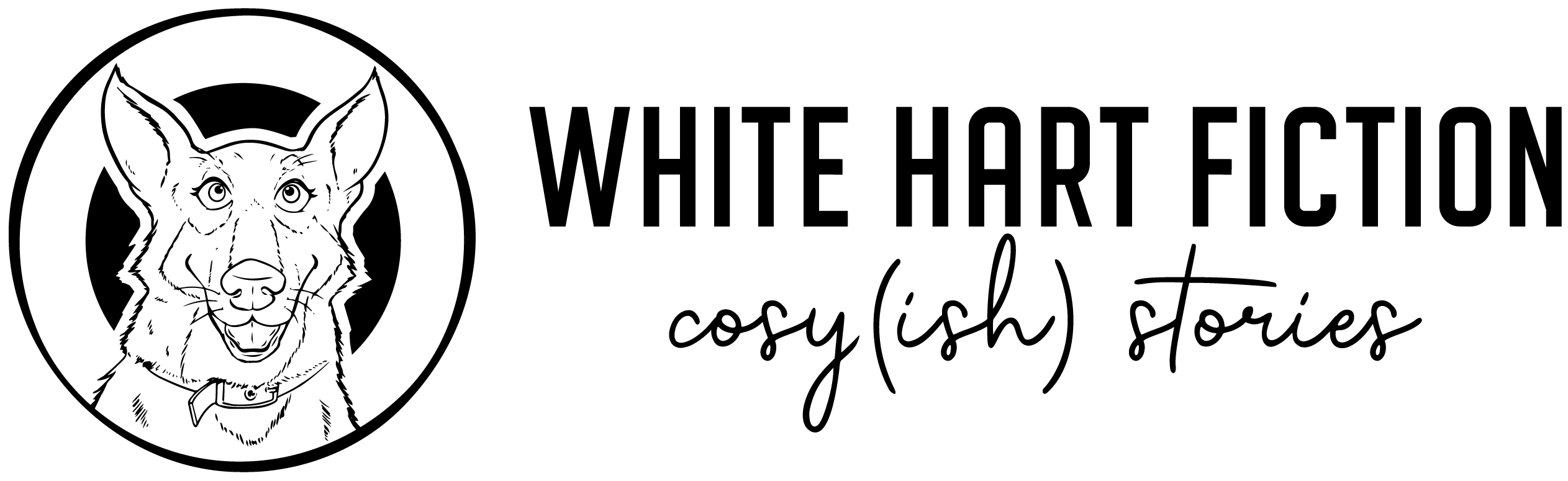 Image of a smiling cartoon German shepherd dog Text reads: White Hart Fiction – cosy(ish) stories